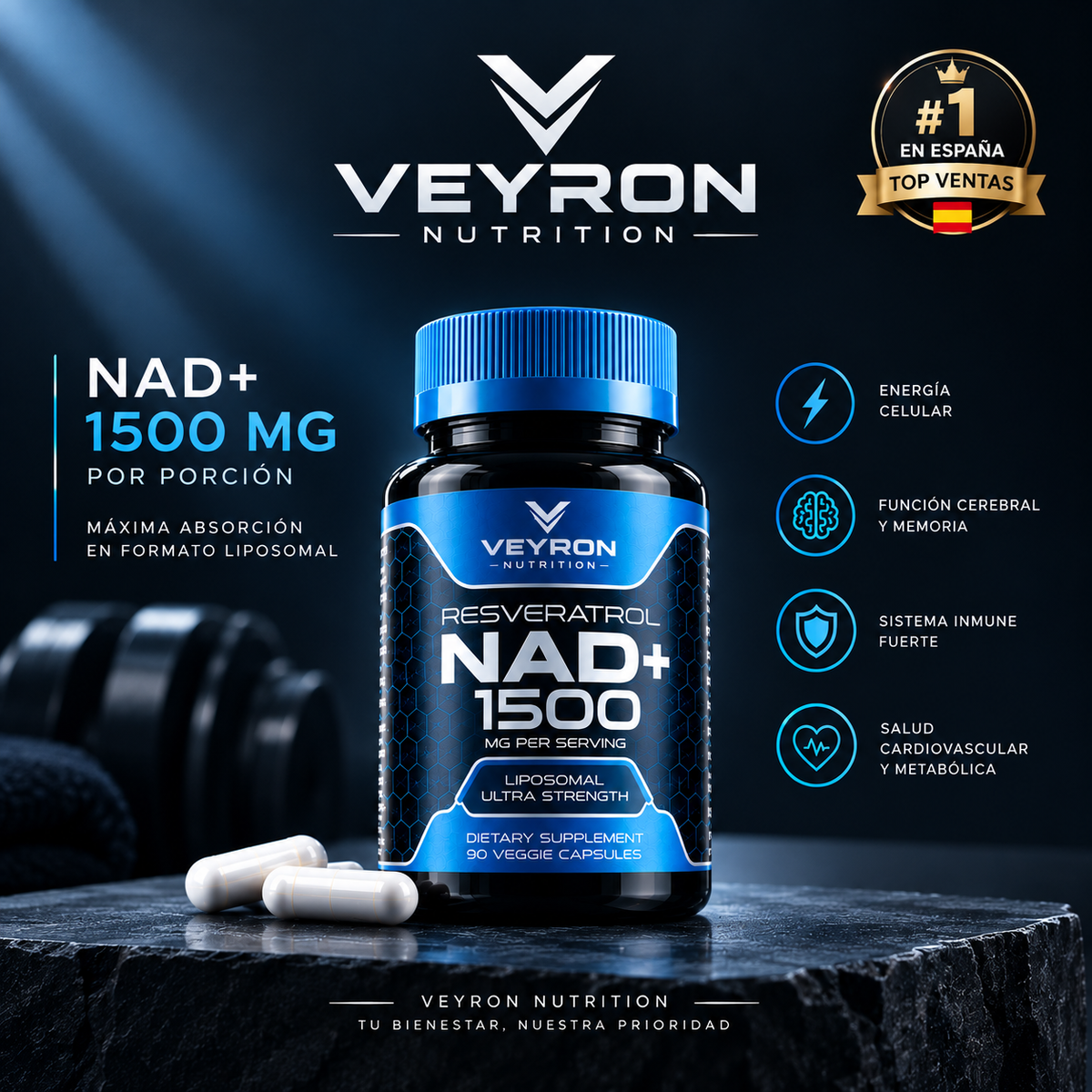 Suplemento liposomal NAD+ con resveratrol