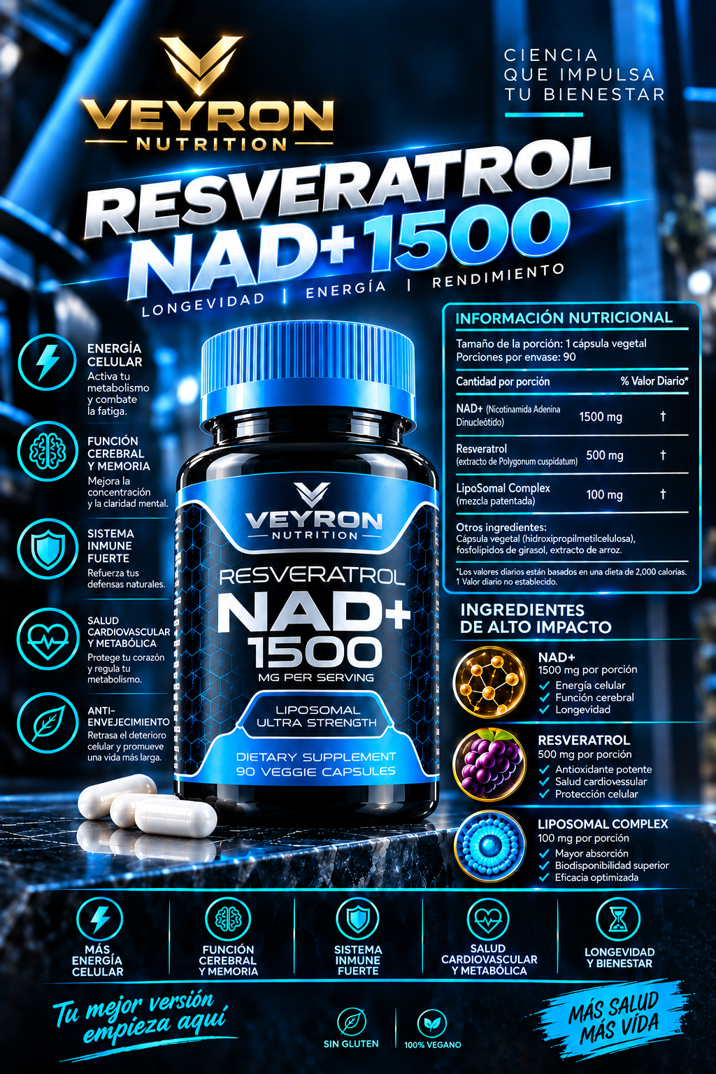Suplemento liposomal NAD+ con resveratrol